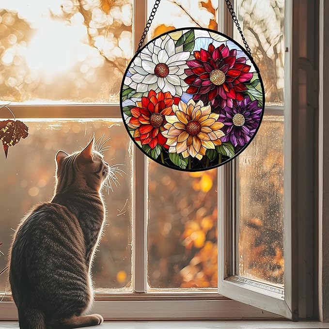 Stained Glass Window Hanging, Colorful Flowers Sun Catcher for Window Door Home Decor Plant Suncatcher Christmas Mother's Day Birthday Gifts for Women Men Mom and Nana 9.8 in