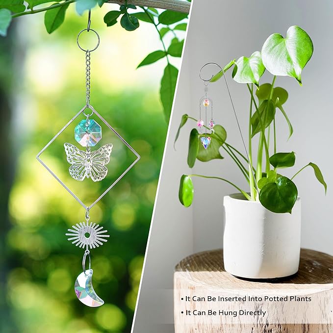 HDCRYSTALGIFTS 4 Pack Small Trellis with Crystal Sun Catchers for Potted Plants Decorations 13.5'' Indoor Plant Stake Suncatcher Accessories for Home Window Garden, Sliver