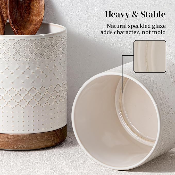 DOWAN 360° Rotating Extra Large Cooking Utensil Holder, 7.6" Kitchen Utensil Holder for Countertop, Utensil Crock for Farmhouse Kitchen Decor, Ceramic Stable Utensil Caddy, White Embossed