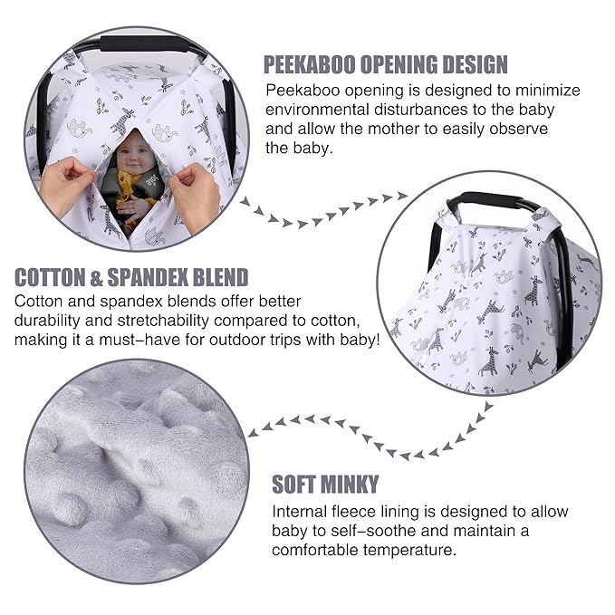 Metplus 2 in 1 Baby Car Seat Cover, Car Seat Canopy for Babies, Mom Nursing Cover, Minky Baby Carrier Covers, Newborn Boy Girl Shower Gift, Elephant Giraffe