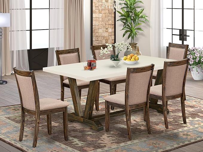 East West Furniture V727MZ716-7 7 Piece Dinette Set Consist of a Rectangle Dining Room Table with V-Legs and 6 Dark Khaki Linen Fabric Upholstered Parson Chairs, 40x72 Inch, Multi-Color