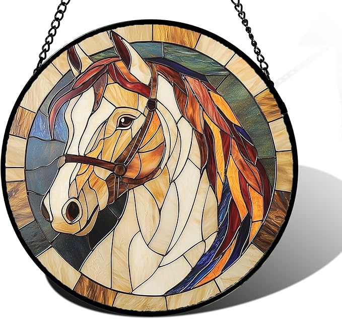 Stained Glass Window Hanging, Animal Horse Colored Mane Sun Catchers Glass Panel Cool Suncatcher Decor for Birthday for Women, Men, Wife, Aunt, and Mom 9.8 in