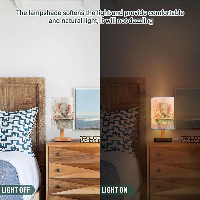 Cute Elephant Pink Floral in Tub Table Lamp with Wood Base Fabric Lamp Shade Bedside Nightstand Desk Lamp for Living Room Bedroom Kids Room Office