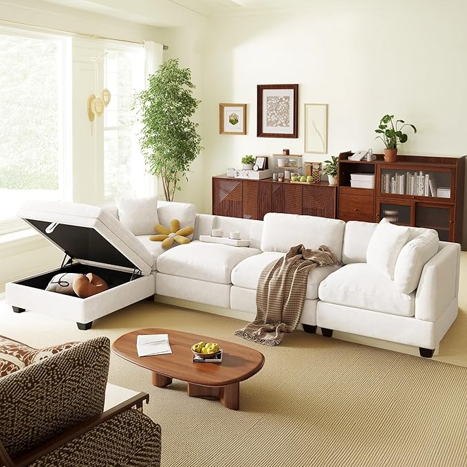 127.6 Inch 5-Seat Modular Convertible Sectional Sofa with Removable Storage Ottoman and 2 Hidden Cupholder, L-Shaped Upholstery Corner Couch for Living Room Apartment Office, Beige
