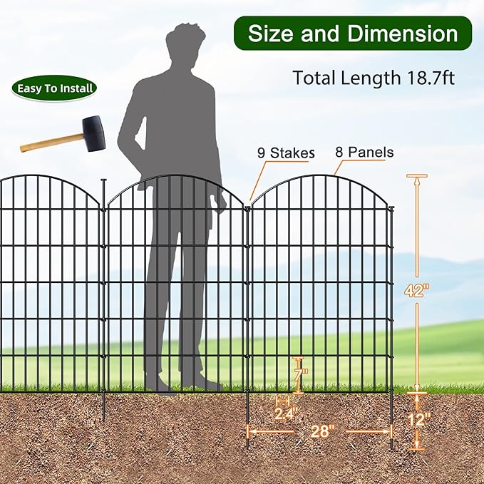Metal Garden Fence 42in (H) x 18.7ft (L), 8 Panels + 9 Stakes Dog Fence Border Fence Animal Barrier, No Dig Garden Fencing for Yard Flower Bed Lawn Patio Outdoor, CTW4208 Black