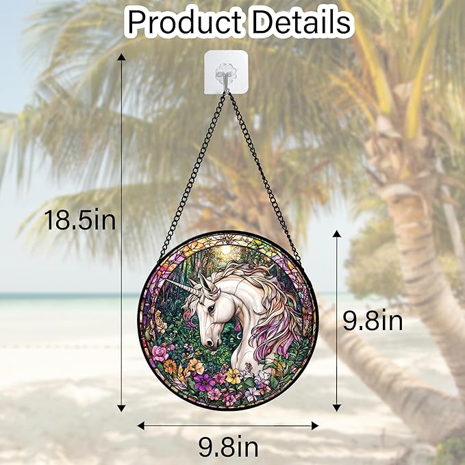 Stained Glass Window Hanging, Unicorn Flowers Suncatcher for Doors Home Sun Catchers Decoration and Christmas, Mother's Day Birthday Gifts for Women, Men, and Mom 9.8 in