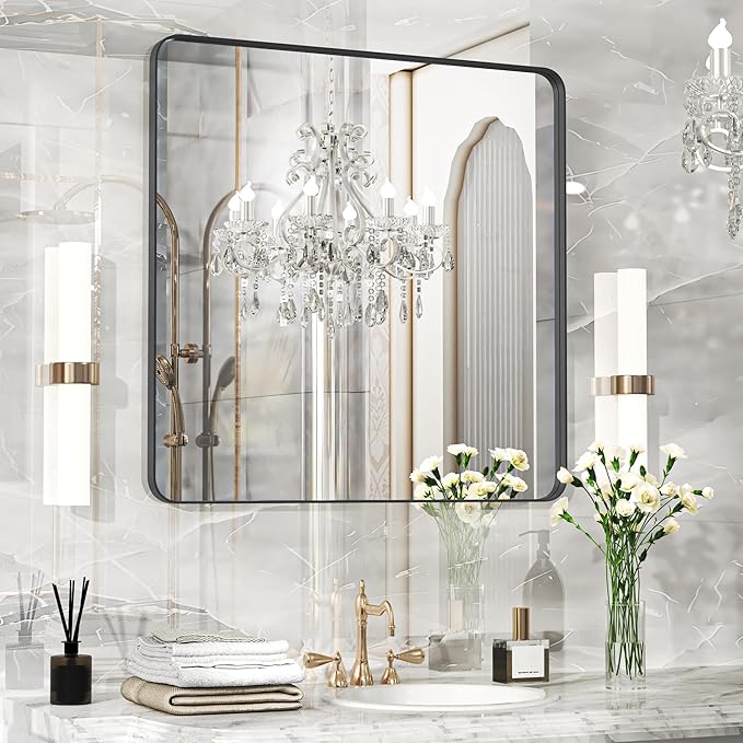 30×30 Black Bathroom Mirror, Rectangular Bathroom Vanity Mirror for Wall with Rounded Corners & Aluminum Alloy Frame, Tempered-Glass, Modern, Farmhouse, Horizontal/Vertical, Entryway, Bedroom