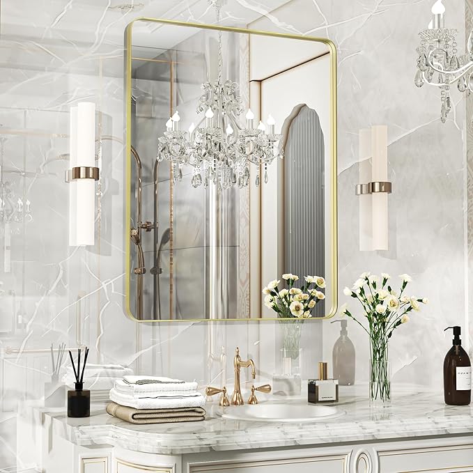 28×36 Gold Bathroom Mirror, Rectangular Bathroom Vanity Mirror for Wall with Rounded Corners & Aluminum Alloy Frame, Tempered-Glass, Modern, Farmhouse, Horizontal/Vertical, Entryway, Bedroom