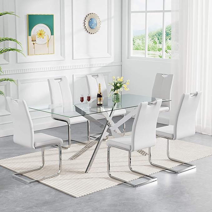 60" Rectangular Glass Dining Room Table for 6 with Tempered Glass Top and Silver Metal Legs, Modern Clear Kitchen and Dinner Table for Home Office Dining Room