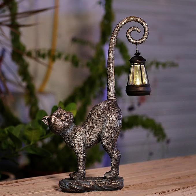 Outdoor Christmas Decorations Gifts Cat Garden Statues with Solar Lights, Fall Home Decor Cat Figurines for Lawn,Patio,Balcony,Porch,Yard Art Ornament- Birthday Gifts for Women Grandma Sister