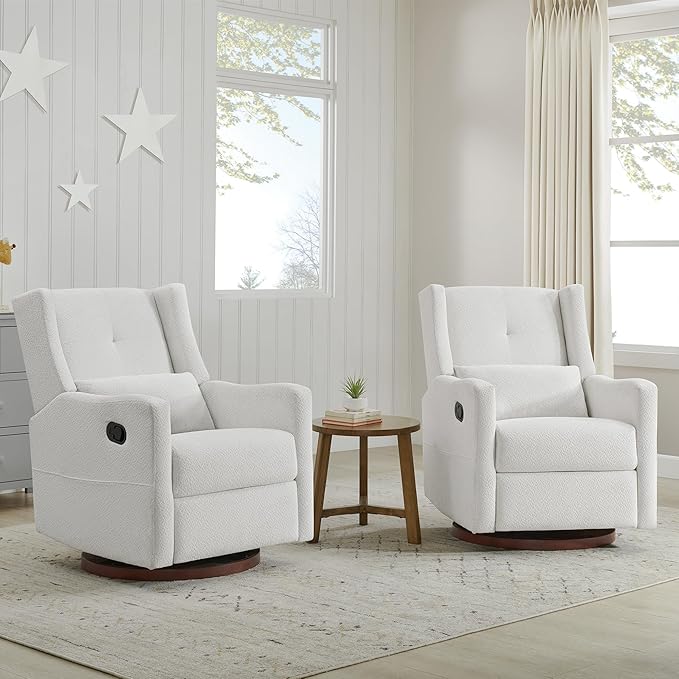 Upholstered Recliner Swivel Glider Nursery Chair Reclining Performance Fabric Rocker with Wood Base,Boucle,Ivory