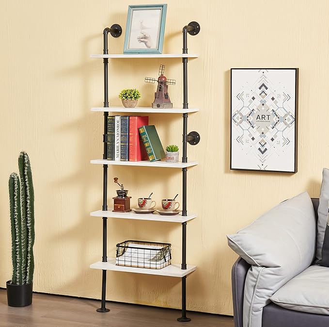 Pipe Shelves, 5 Tier Industrial Ladder Bookcase, Wall Mounted Metal Wood Rustic Bookshelf (White, 5 Tier - 10" D x 24" W x 70" H)
