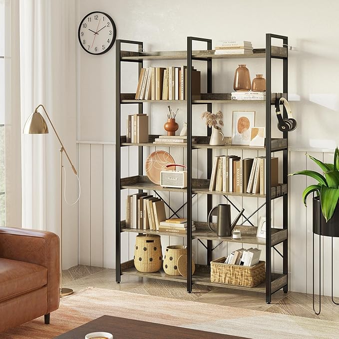 Seventable Bookshelf 6 Tier with 4 Hooks，67”Industrial Wooden Bookcase, Vintage Storage Rack with Open Shelves, Rustic Standing Bookshelves Metal Frame 43.3” Wide Display Rack, Gray
