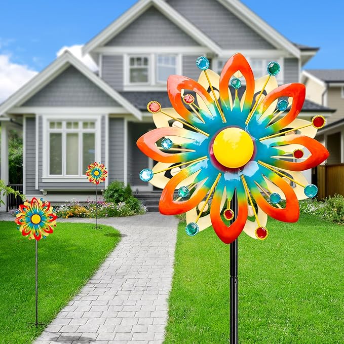 Soalr Wind Spinners -60.63 Inch Outdoor Metal Stake Yard Wind Sculptures, Solar Powered Multi-Color LED Glass Ball with Kinetic Wind Spinner Windmills for Outdoor Lawn & Garden Decoration