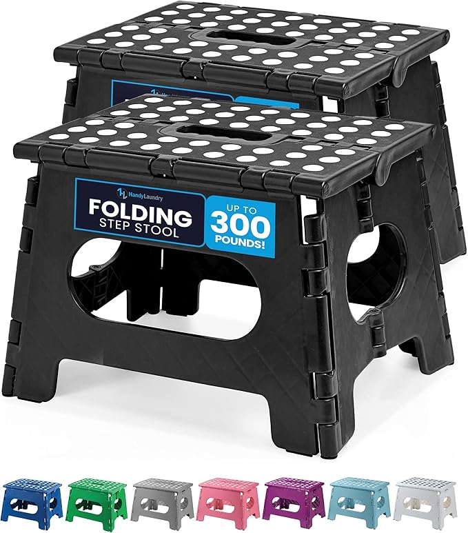 Handy Laundry Folding Lightweight Step Stool - Sturdy Enough to Support Adults and Safe Enough for Kids - Opens Easy with One Flip - Great for Kitchen, Bathroom or Bedroom (Black | 2-Pack)