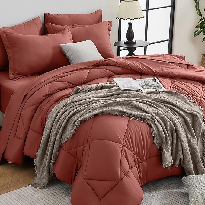 HEVUMYI Terracotta Twin-XL Comforter Set - 5-Piece All Season Bed in a Bag Twin-XL, Ultra Soft Bedding Set with Comforter, Flat Sheet, Fitted Sheet, Pillowcases, Pillow Shams