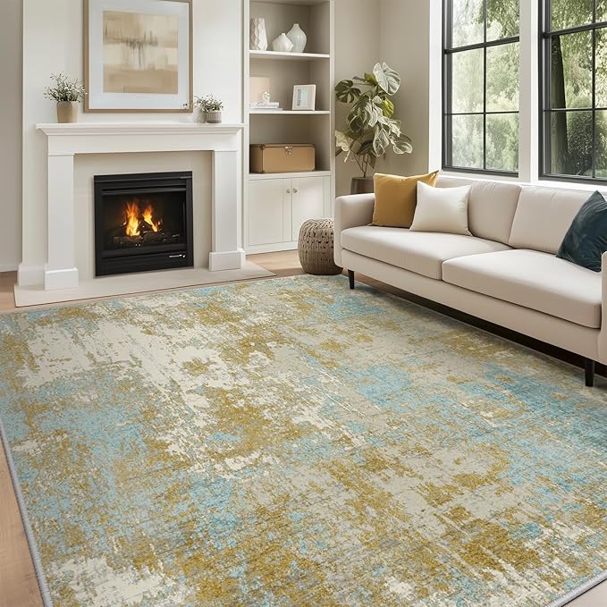 Washable Area Rugs 9'x12' Non-Slip Modern Abstract Soft for Living Room Entryway Bedroom Nursery, Print Pattern, Teal Blue Taupe
