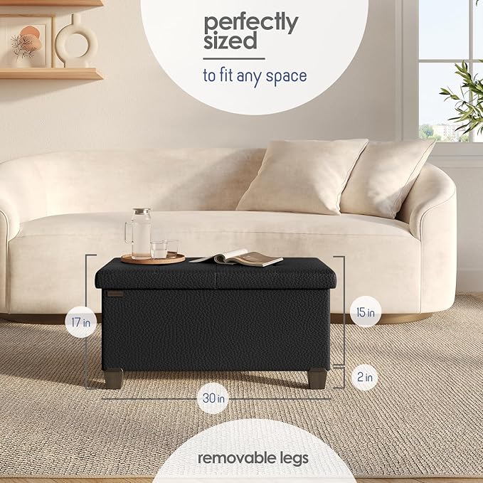 STORAGEBUD Storage Ottoman Bench with Bins, 30-in Storage Bench for Bedroom End of Bed, Folding Foot Rest Ottoman for Living Room Max 660lbs, Faux Leather Ottomans, Black