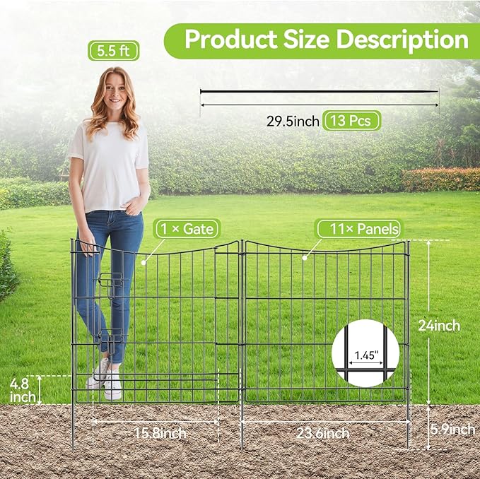 INJOPEXI Garden Fence 12 Panels 23.6ft(L)×24in(H) Decorative Garden Fences with 11 Panels + 1 Gate, Rustproof Metal Wire Temporary No Dig Rabbit Animal Barrier Fencing Dog Fence for Yard Patio Outdoor