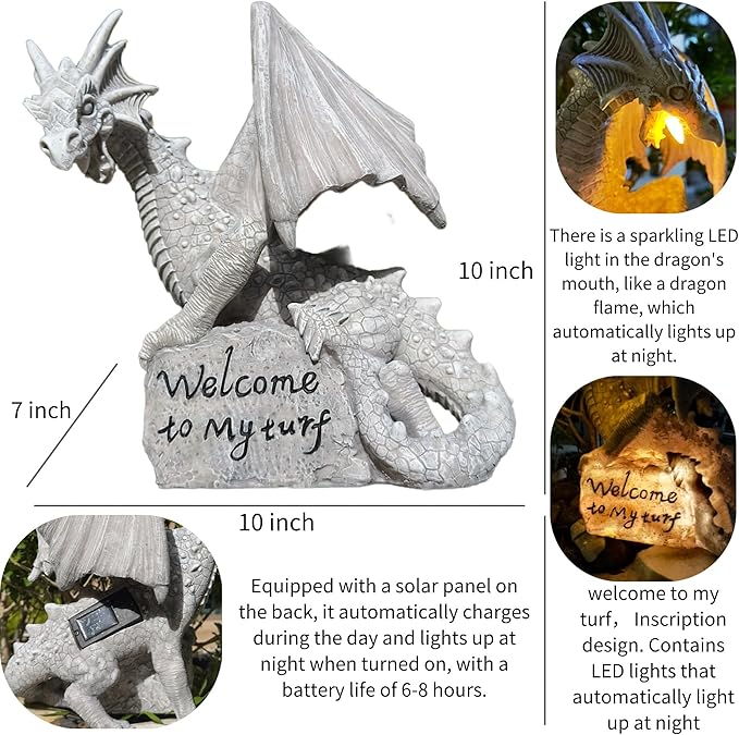 Garden Large Dragon Statue Solar Powered Outdoor Figurine Light The Dragonfire Welcome to My Turf Sign Big Resin Sculpture Home Decoration Housewarming Ornament Unique Gift