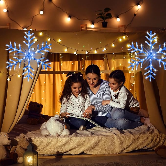 Christmas Window Snowflake Lights Decorations, Battery Operated Led Hanging Iron Lights, 8 Lighting Modes for Home Bedroom Indoor Outdoor Wall Holiday Decor (Blue, 2 Pack)
