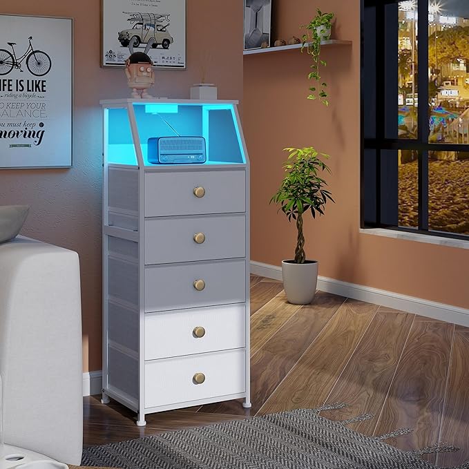 Tohomeor Dresser with Fabric Drawers Nightstand with 2 Tier Shelf Storage Tower for Bedroom Hallway Entryway Closet Organizer Sofa Beside Table Furniture (White, 5 Drawers)