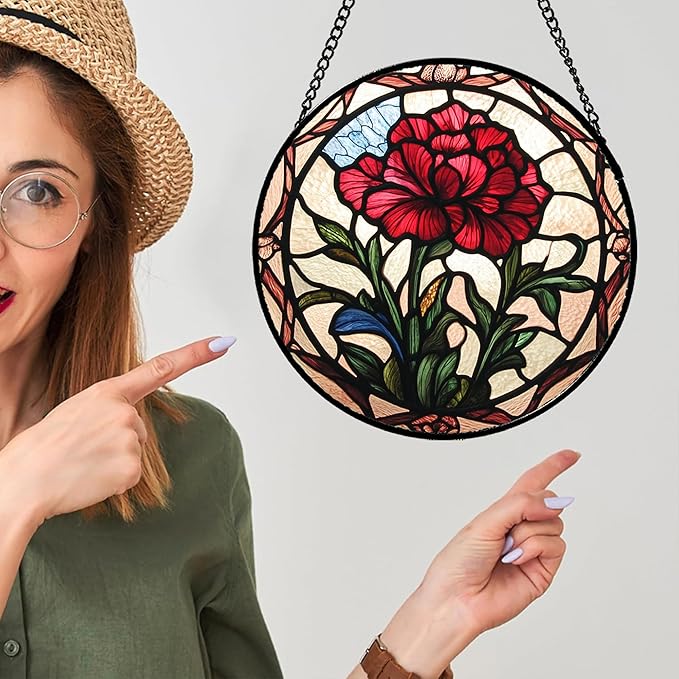Stained Glass Window Hanging - Red Carnation Birth Flower Sun Catcher for Door Garden Home Decor Suncatcher Christmas Mother's Day Birthday Gifts for Women Men Mom Nana Friend Wife 7.8 in