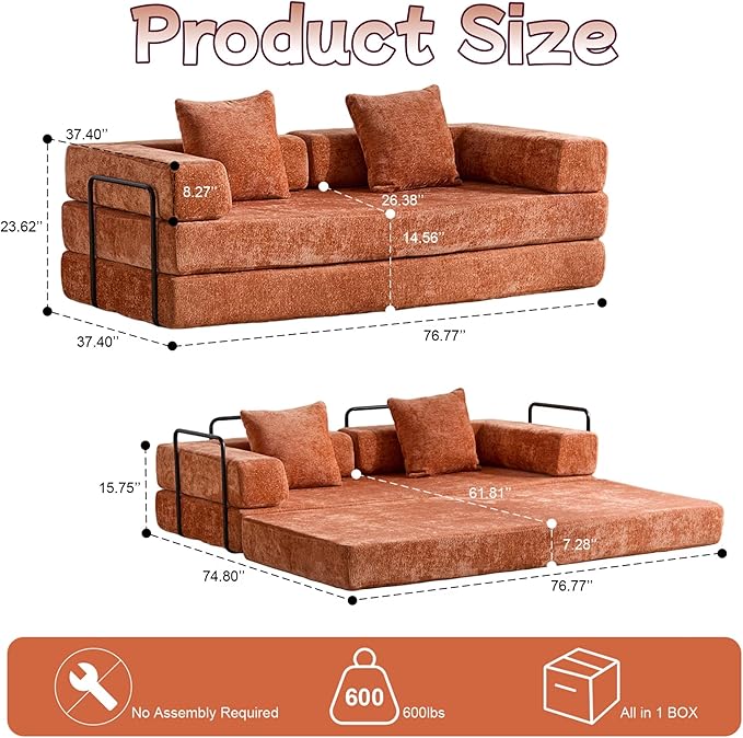 Convertible Sofa Bed, Compression Futon Sofa with Pillows & Armrest, Foldable Mattress Couch with Fixed-Shape Frame, Comfy Couch Lounge Sleeper Bed for Living Room Bedroom, Orange
