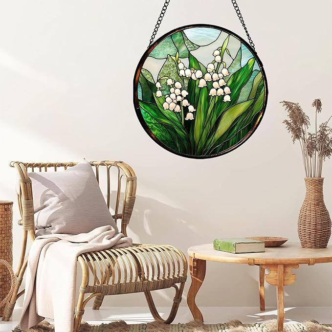 Stained Glass Window Hanging - White Green Lily of The Valley Suncatcher for Doors Garden Terrace Plant Sun Catchers Decor Mother's Day Birthday Flowers Gifts for Women Men Mom 9.8 in