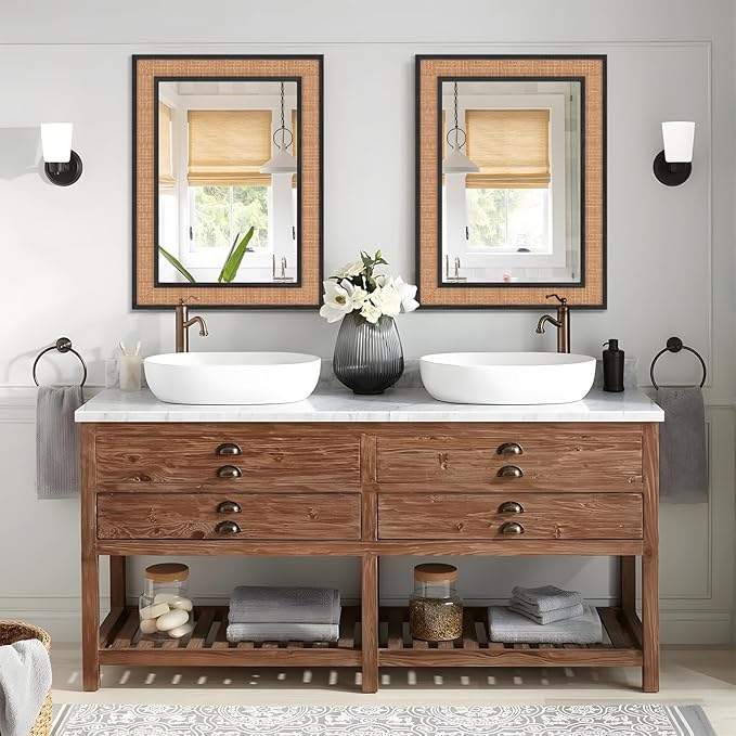Rattan Wall Mirror with Wooden Framed 24 X 32 inch Farmhouse Rectangle Wood Mirror for Modern Decorative Bathroom, Living Room, Entryway, Bedroom (Black)