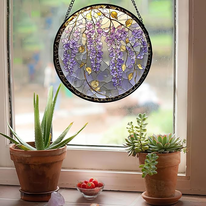 Stained Glass Window Hanging - Wisteria Flower Golden Leaves Sun Catcher for Door Home Decor Plant Suncatcher Christmas Mother's Day Birthday Gifts for Women Men Lovers Mom Nana 9.8 in