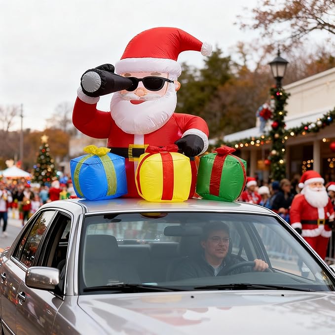 5 FT Christmas Rooftop Inflatable Santa with Telescope & Lighted Gift Boxes for Cars, SUVs, Trucks & Golf Carts, Blow Up Yard Decoration for Lawn, Garden & Indoor Holiday Display