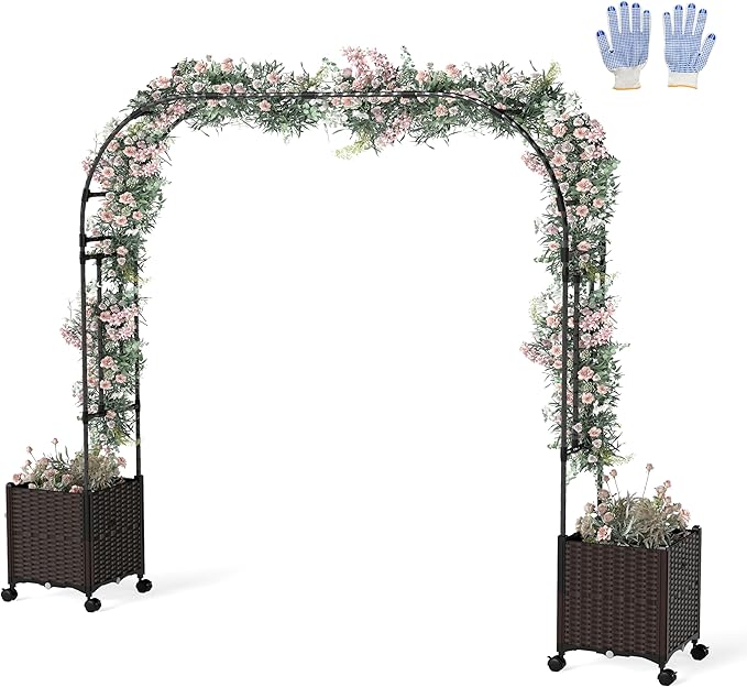 Giantex 6.6 FT Garden Arch with Trellis & 2 Planter Boxes, Tall Arbor for Climbing Vine, Flowers, Decorative Gate for Wedding Ceremony Party (Brown+Black)