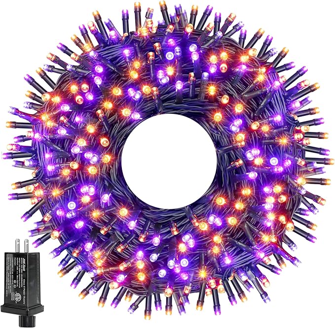 Ollny Halloween Lights Outdoor, 300 LED 100FT Orange and Purple Halloween Decorations with 8 Modes Timer, Plug in String Lights for Indoor Outside House Yard Party
