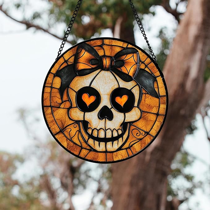 Stained Glass Window Hanging 4 Pcs Set Ghost Pumpkin bat Gothic Decor Large 11.8" - Horror Halloween Suncatcher Door Garden Sun Catcher Birthday White Elephant Gifts for Mom Woman Men Friend
