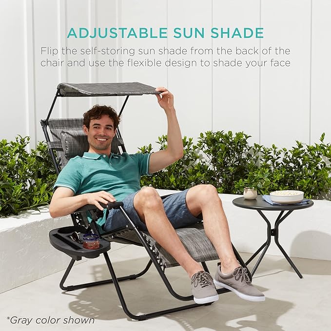 Best Choice Products Folding Zero Gravity Outdoor Recliner Patio Lounge Chair w/Adjustable Canopy Shade, Headrest, Side Accessory Tray, Textilene Mesh - Light Blue