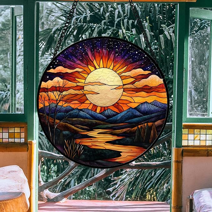 Stained Glass Window Hanging, The Sun Shines Brightly on Lake Sun Catchers Colorful Glass Panel Suncatcher Decor for Birthday for Women, Men, Wife, Lovers, and Mom 14.9x14.9 in