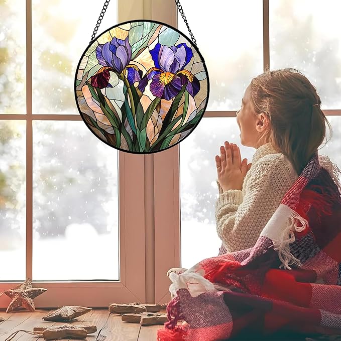 Stained Glass Window Hanging, Purple Blue Iris Birth Flower Suncatcher for Doors Garden Yard Sun Catchers Decor Christmas Mother's Day Birthday Gifts for Teacher Women Mom Nana Wife 11.8 in
