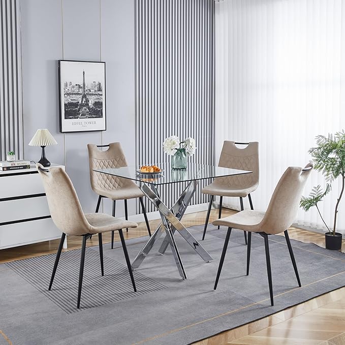 36" Square Dining Table for 4, Modern Clear Glass Kitchen Table for 4 with Silver X Metal Legs, Contemporary Small Glass Dining Room Leisure Tables for Kitchen Apartment