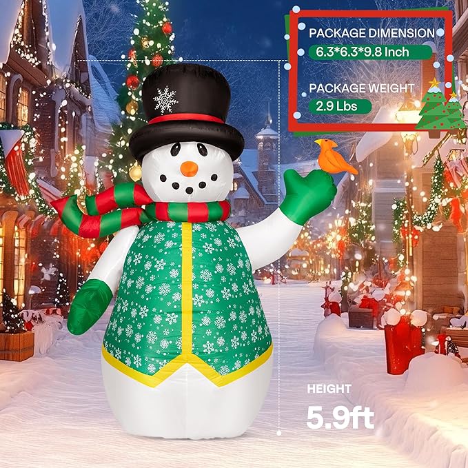 VIVOHOME 6FT Christmas Inflatable Outdoor Decoration, Snowman in Vest, Navidad Blow Up Yard Decor with Built-in LED Light for Lawn, Garden, Party