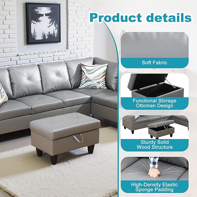 Couches for Living Room Faux Leather L Shaped Couch Comfy 3 Pieces Sectional Sofa with Chaise, Ottoman with Storage for Office and Small Apartment, Dark Grey