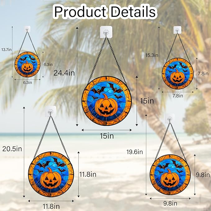 Stained Glass Window Hanging - Halloween Evil Pumpkin Suncatcher for Doors Window Garden Indoor Spooky Brown Bat Sun Catchers Gothic Decor Horror Gifts for Women Men Friend Boy Girl 15 in