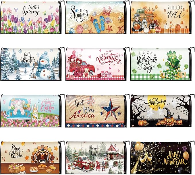 12 Pcs Seasonal Mailbox Covers Magnetic Standard Size 18 x 21 Inch Fall Thanksgiving Winter Christmas Magnetic Mailbox Covers for Garden Yard Outdoor Decor