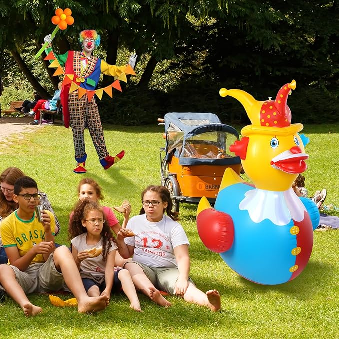 2Pcs 4.6 Feet Giant Inflatable Duck Outdoor Decorations,Huge Blow Up Yard Yellow Duck with Red Blue Clown Cloth Duck Pool Float for Summer Beach Pool Carnival Birthday Party Garden Decor
