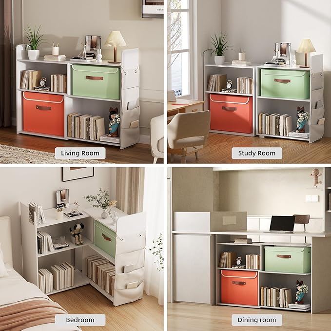 4 Cube Storage Organizer, 32inch Wooden Extendable Book Shelf DIY Bookcase with 2 pcs Storage Cabinet and Side Pockets, Open Storage Cabinet for Living Room, Bedroom, Home, Office