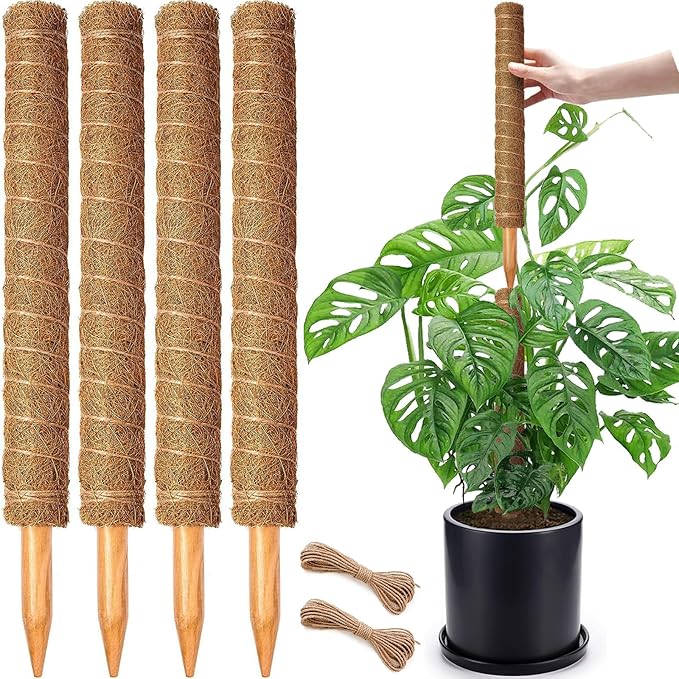 4 Pack 18 Inch Moss Pole, Stackable Moss Poles for Climbing Plants Monstera, Tall Plant Sticks Accessories, Large Coir Plant Support Stakes for Potted Plants Indoor, Pothos, Philodendron