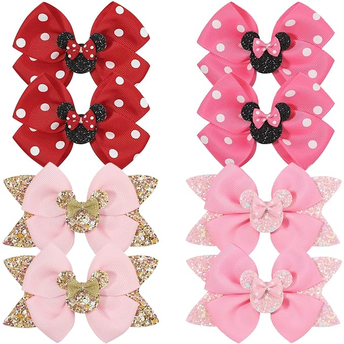 Qearl 8 Pcs Mouse Ears Bow Clips for Girls, Polka Dot Red Bows Theme Park Costume Party Decoration for Toddlers Girls in Pairs