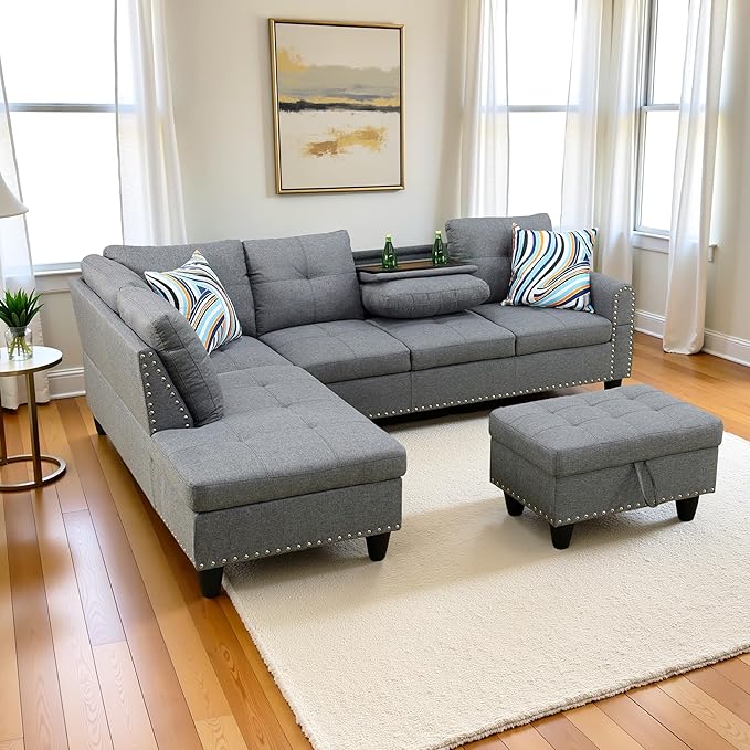 L Shaped Couch Modern Sectional Couch Upholstered Linen Fabric 3 Pieces Sofas for Living Room with Chaise, Storage Ottoman for Office and Small Apartment, Charcoal