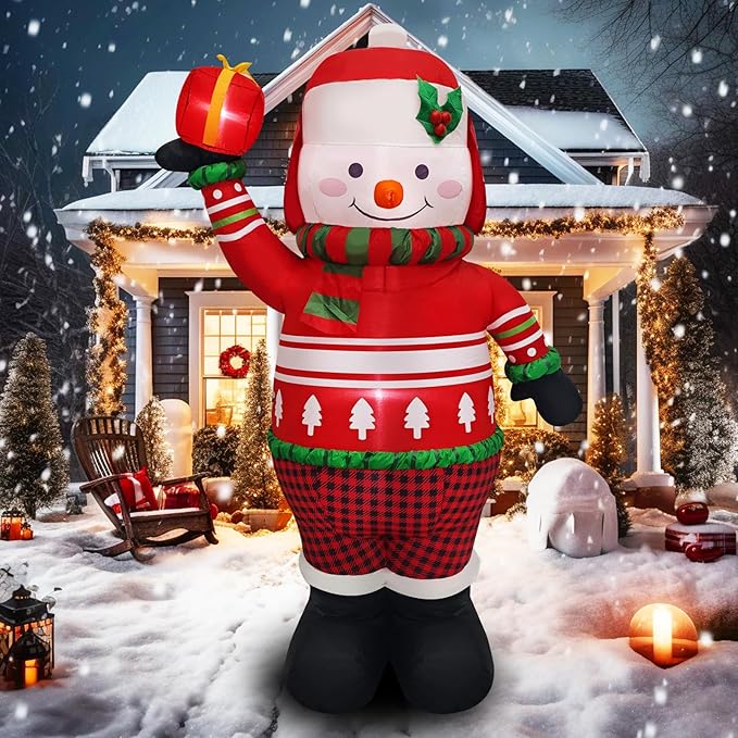 6FT Christmas Inflatable Snowman Decoration Blow Up Snow Man with Red Sweater & Presents Holiday Yard Decor Perfect for Outdoor Winter Lawn, Garden, or Porch Display Outside Décor