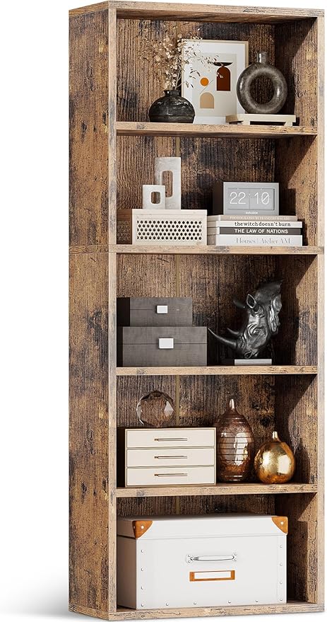 Casaottima 5-Tier Open Bookshelf and Bookcase, Floor Standing Display Storage Shelves for Living Room, Tall Book Shelf for Bedroom, Home Office, Dining Room, Vintage